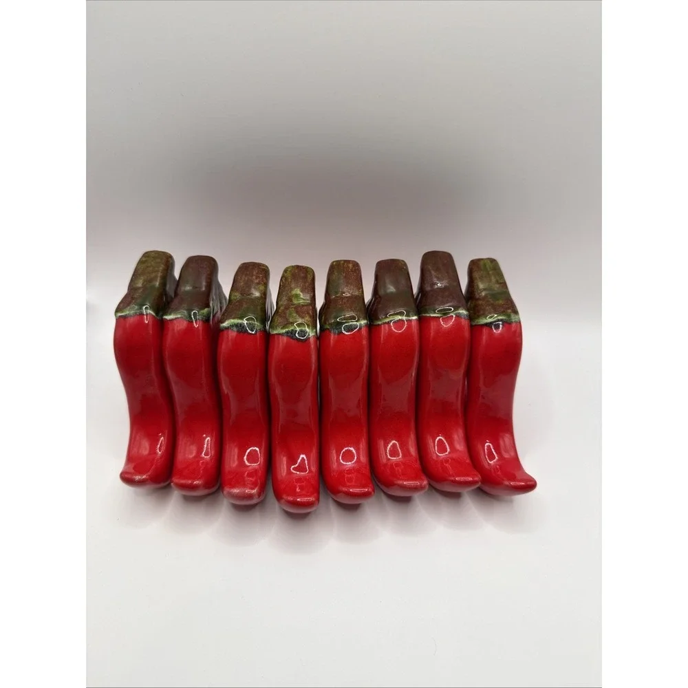 Red Chili Peppers Napkin Rings Set of 8 Ceramic Porcelain 3x3.5